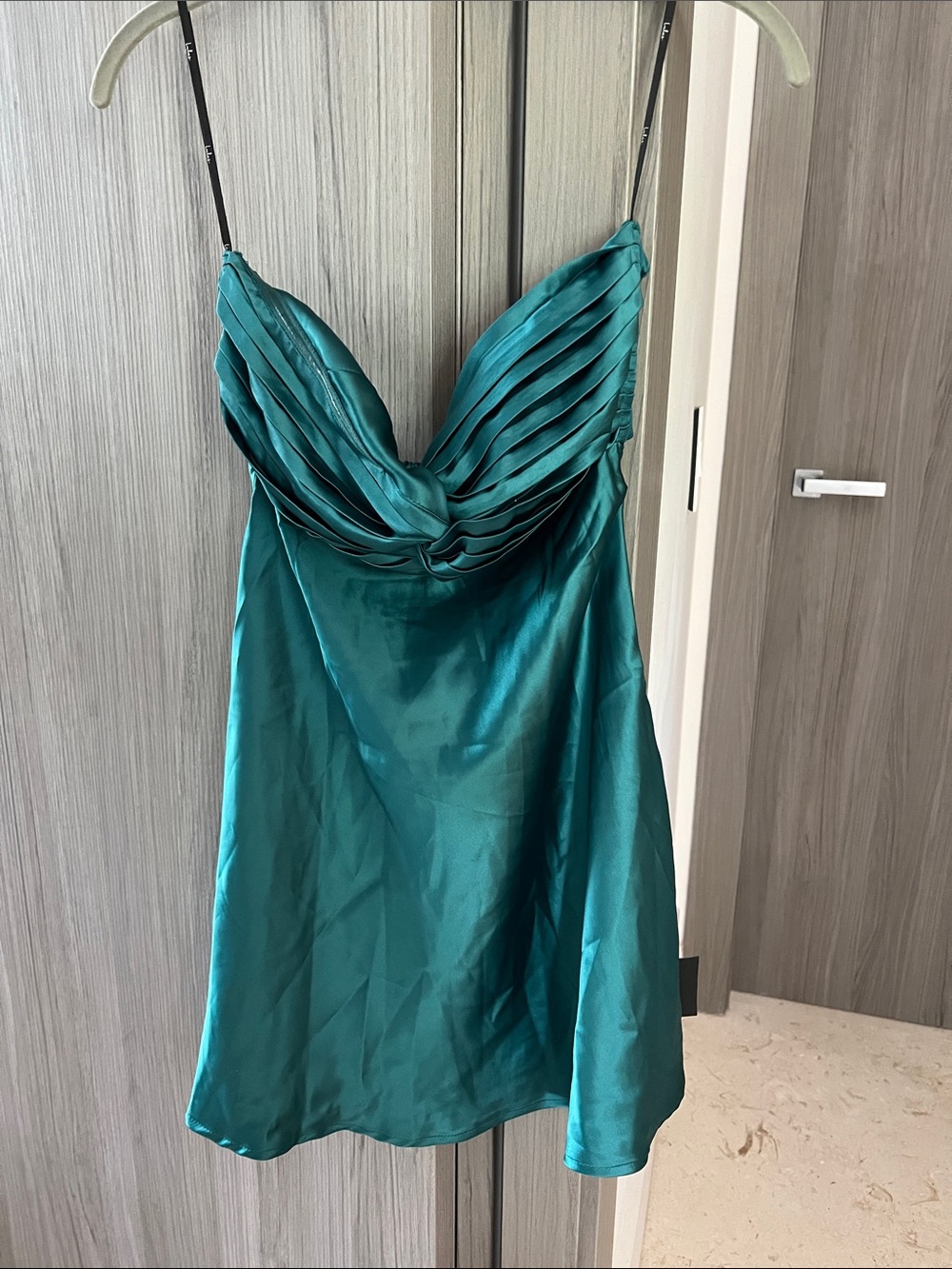 NWT LULUS Narina Strapless Twist-Front Satin Mini Dress Teal M - Picture 2 of 11